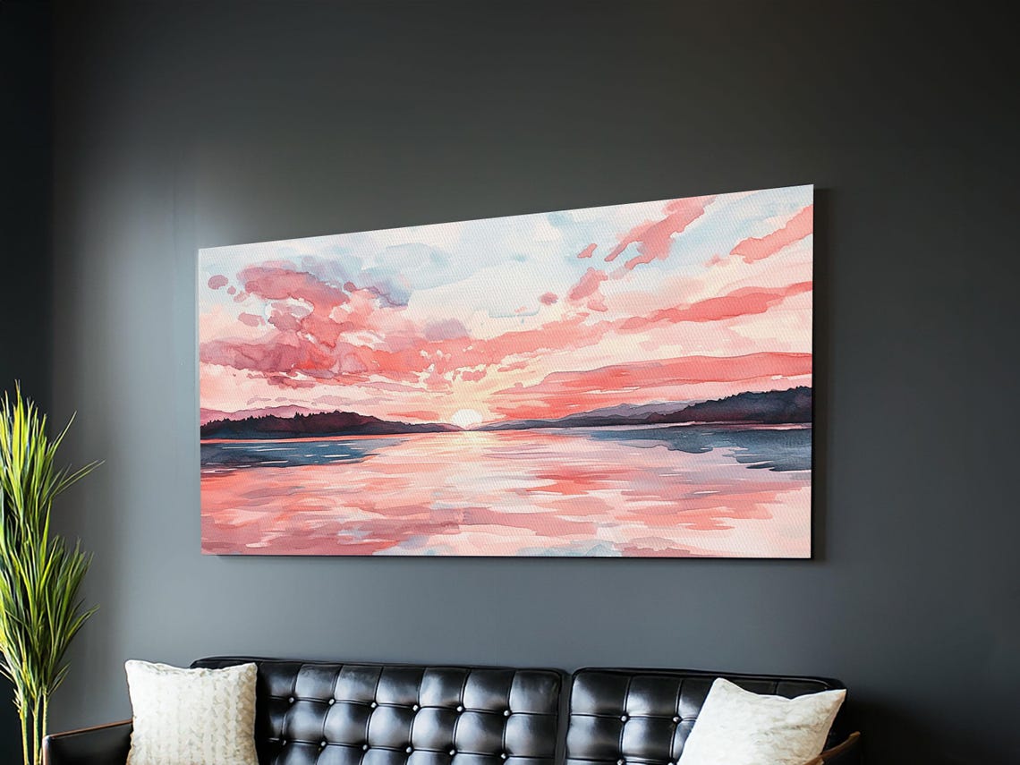 Pink Sunset Seascape Watercolor Sun Over Calm Water Ocean Poster - Image 5