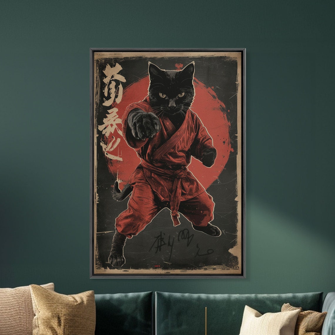 Black Cat Samurai Poster in Red Martial Arts Gi with Red Sun Art - Image 2