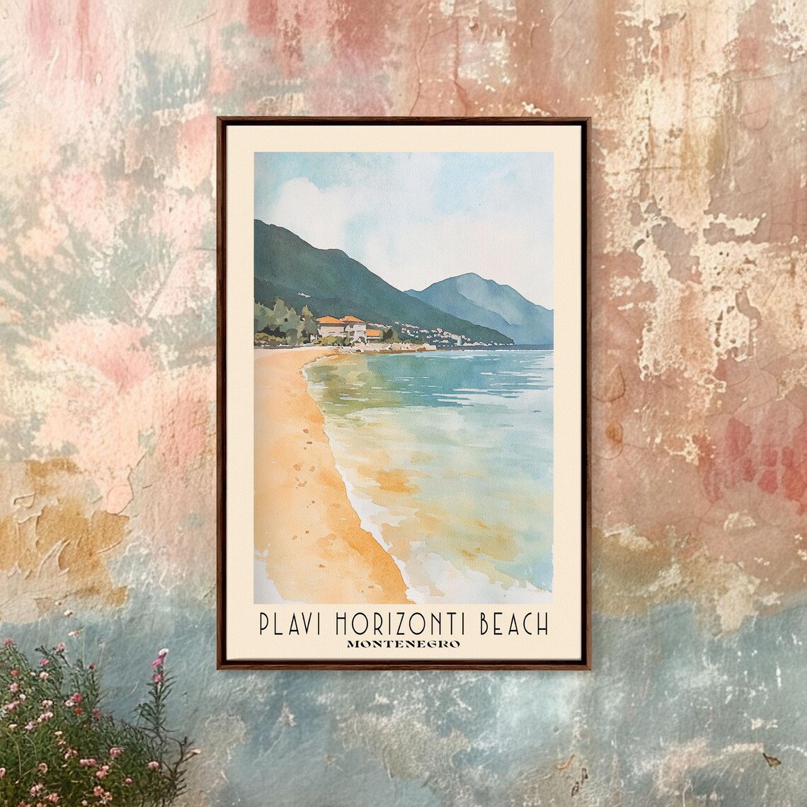 Plavi Horizonti Beach Montenegro Calm Bay Shore Mountain View Travel Poster