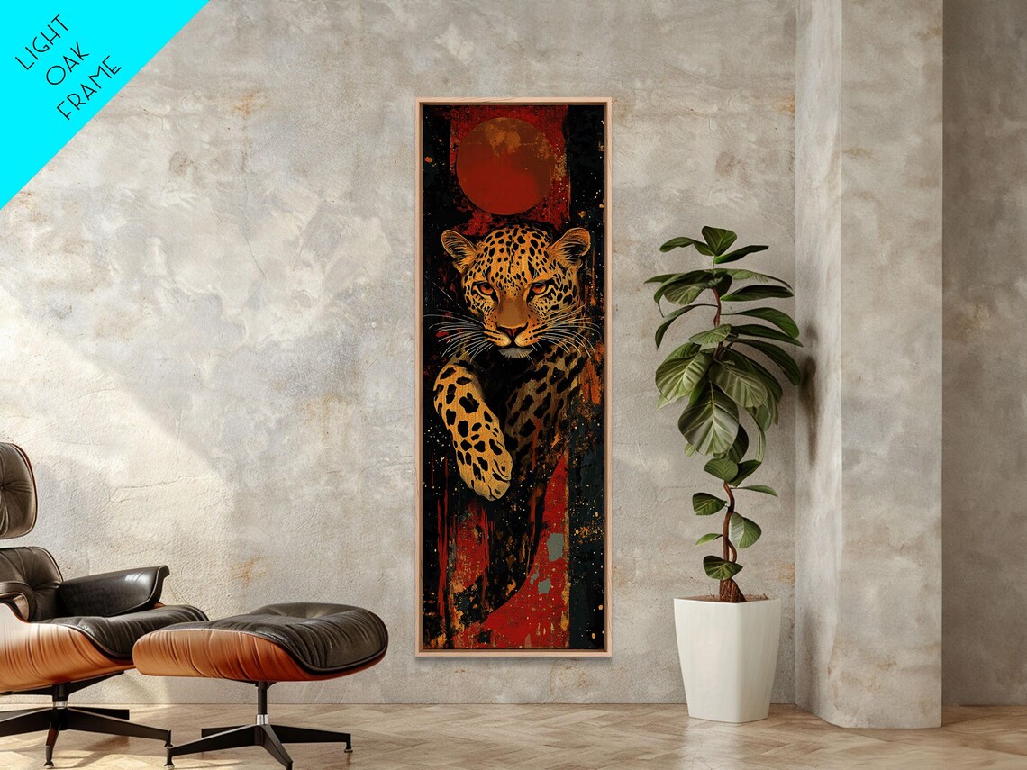 Leopard Leaping Red Moon Dark Textured Background Bold Wildlife Art Poster - Image 3