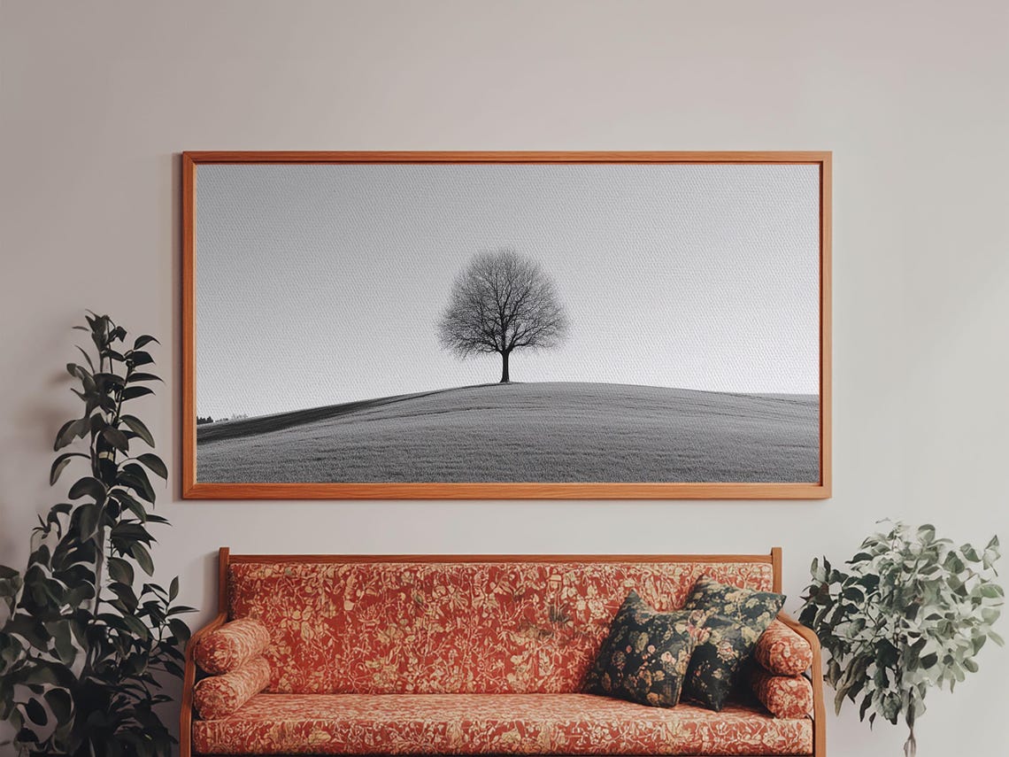 Black And White Lone Tree Hilltop Minimalist Monochrome Art Poster - Image 5