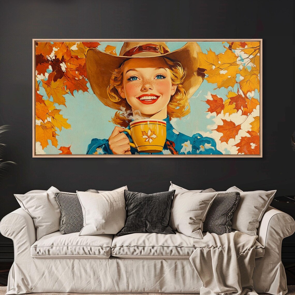 Smiling Retro Cowgirl Holding Hot Cocoa Mug Autumn Leaves Poster - Image 6