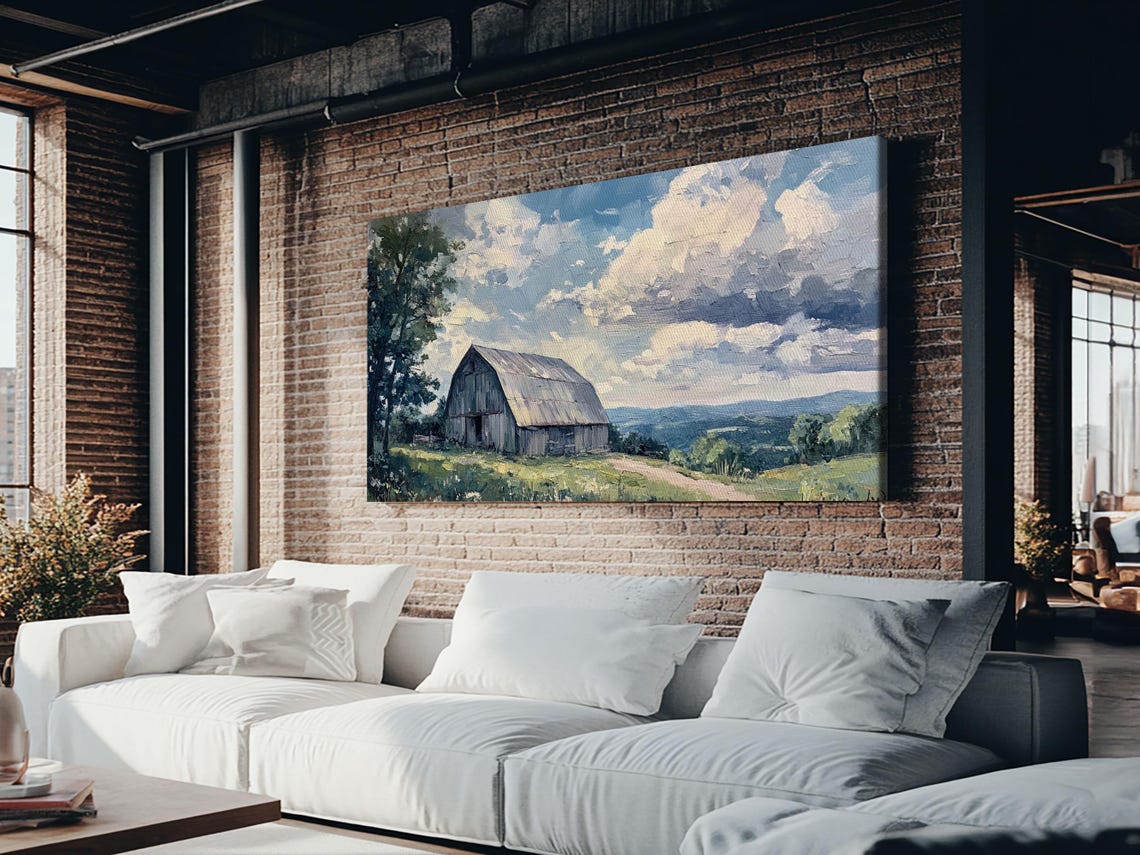Rustic Old Barn Hilltop Panoramic Countryside Cloudy Sky Art Print - Image 2