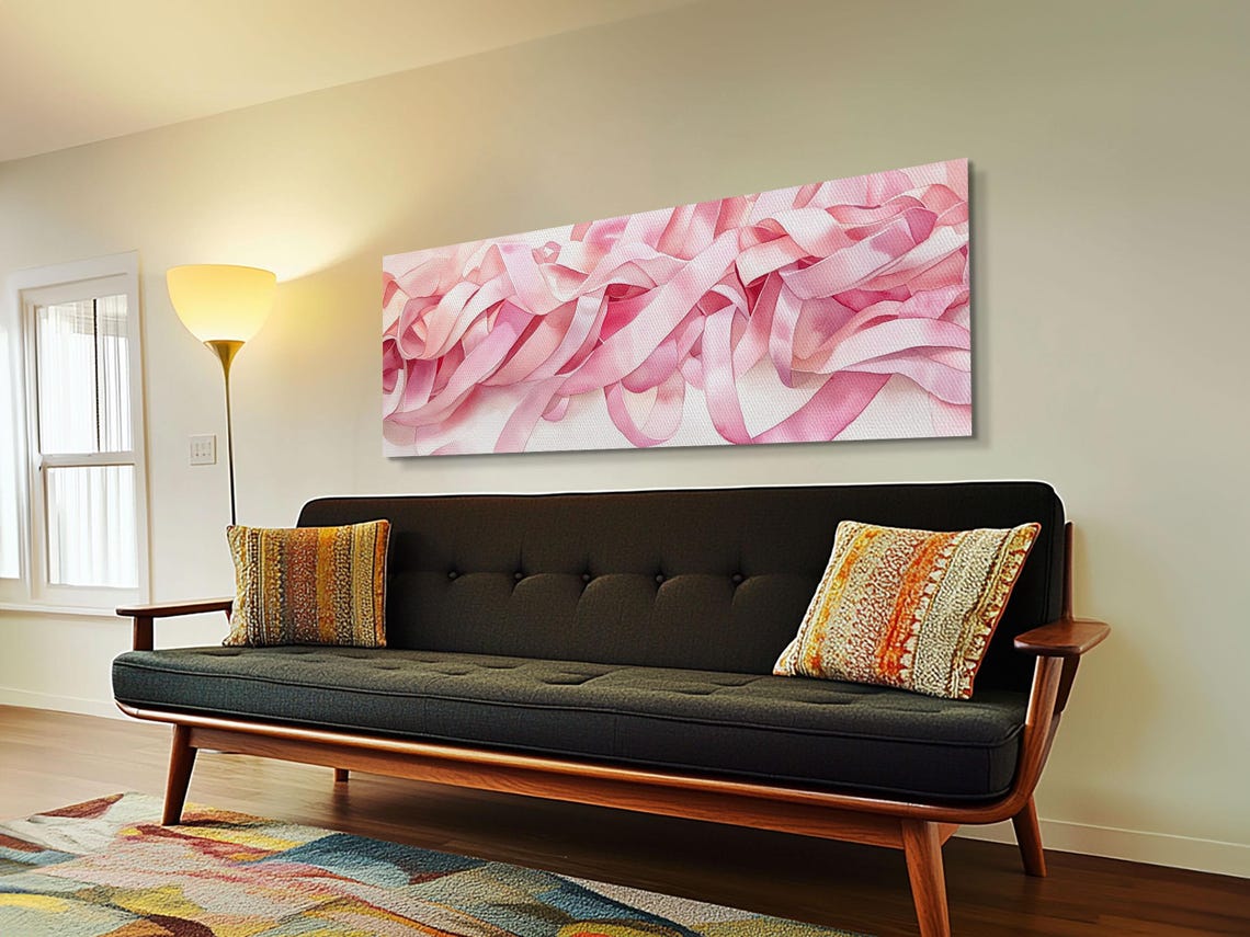 Soft Pink Silk Ribbon Swirls Abstract Minimalist Panoramic Art Poster - Image 2
