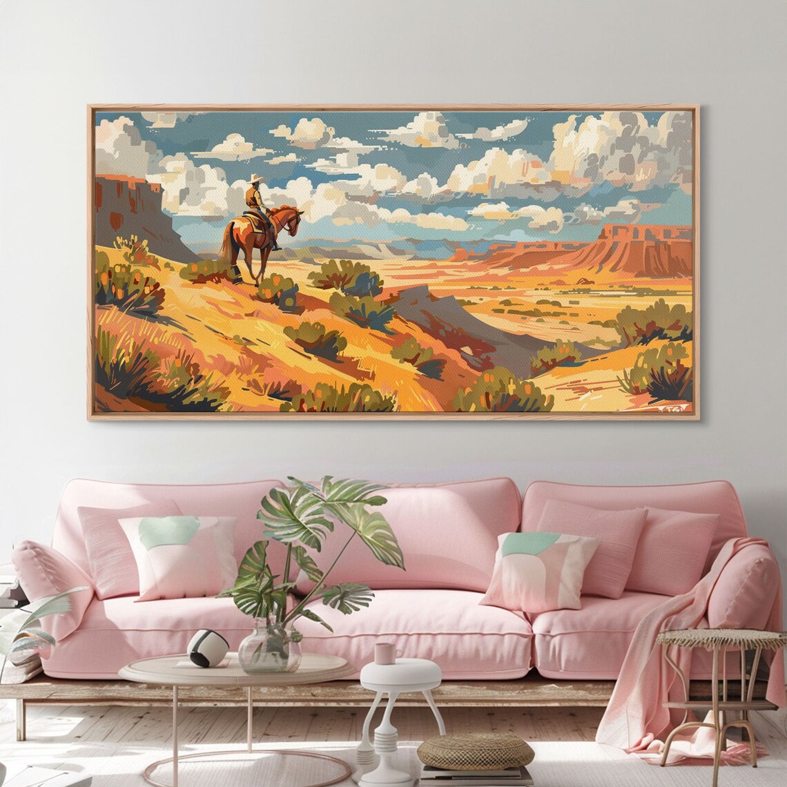 Cowboy On Horseback Overlooking Golden Desert Canyon Valley Art Poster - Image 4