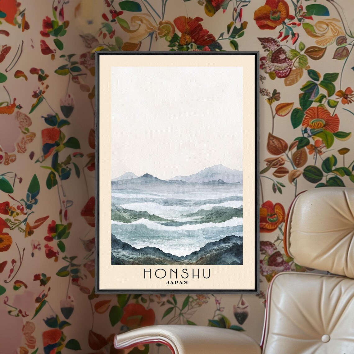 Honshu Japan Misty Mountain Seascape Grey Blue Watercolor Print - Image 2