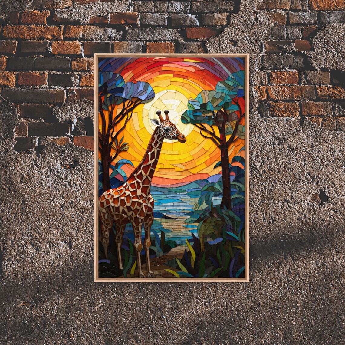 Giraffe At Sunset Mosaic Style African Savannah Acacia Trees Art Poster - Image 5