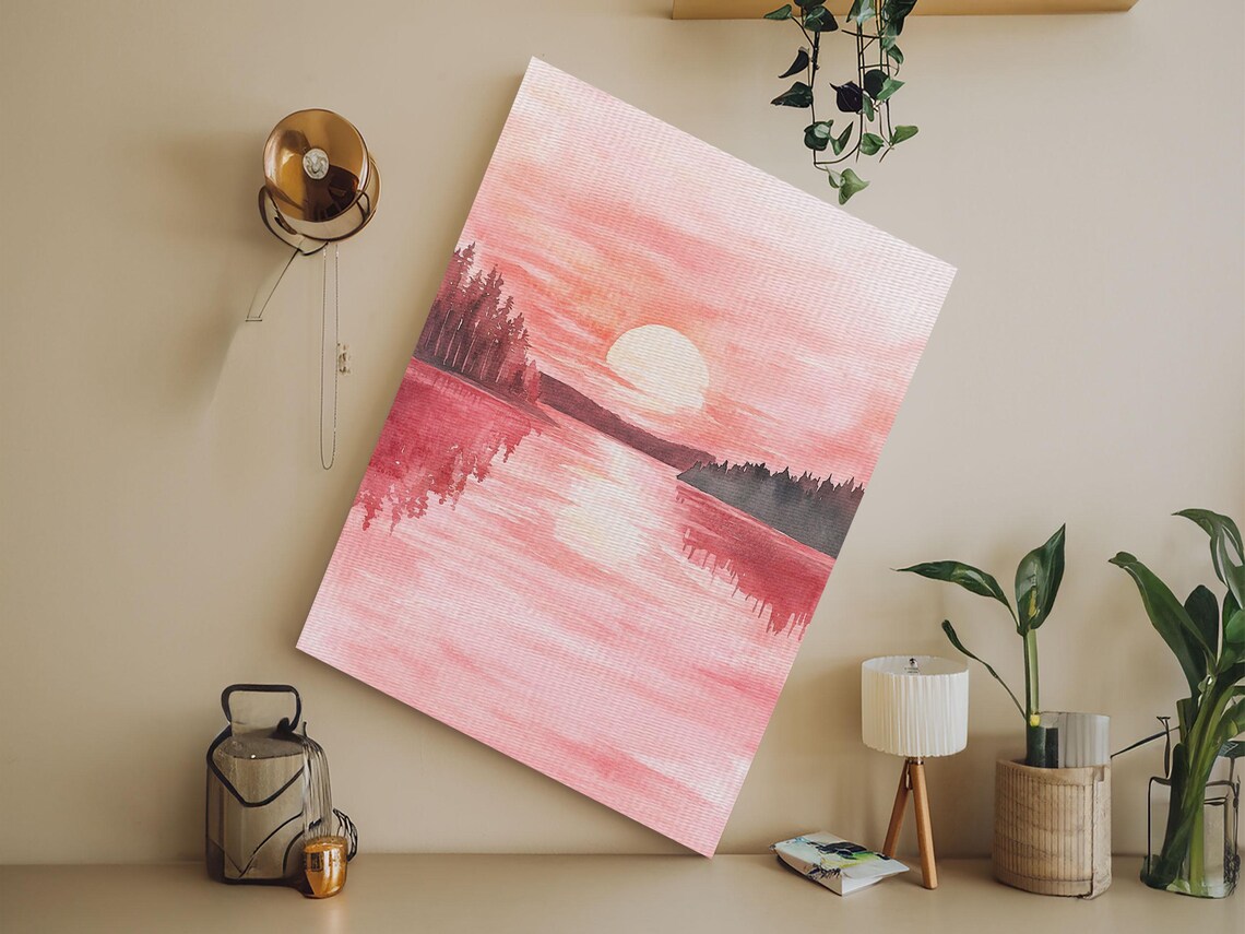 Pink Sunset Over The Lake Watercolor Peaceful Nature Wall Art Print