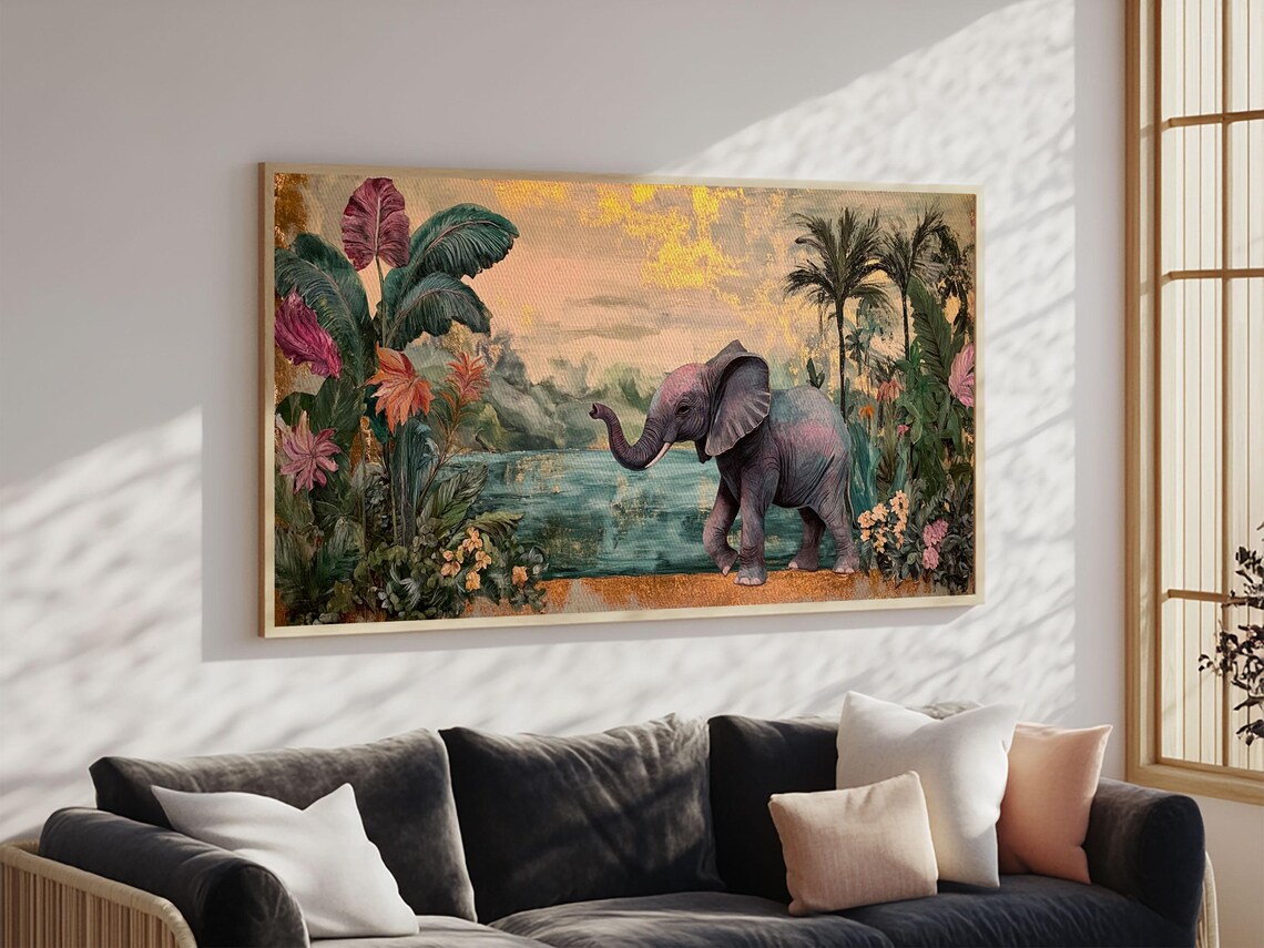 Baby Elephant In Exotic Jungle Lagoon Tropical Leaves Panoramic Wall Art - Image 5