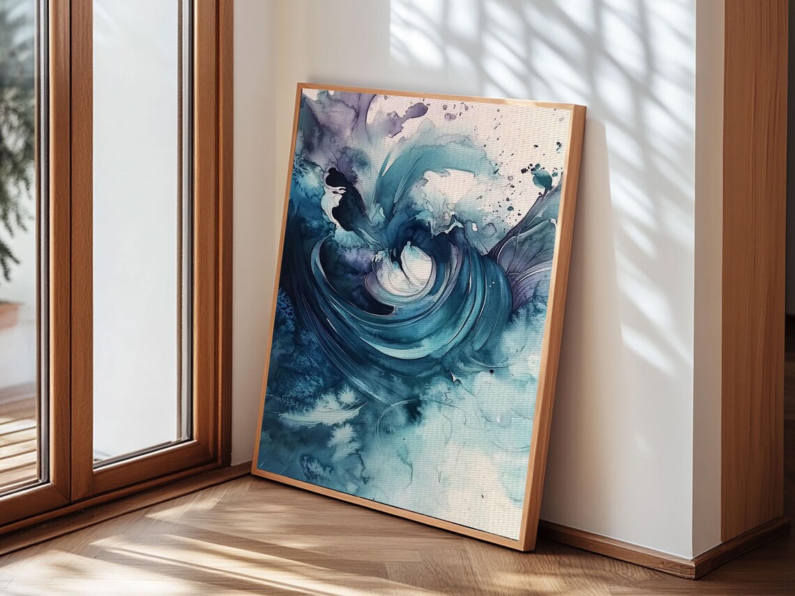 Swirling Teal Watercolor Abstract Spiral Minimalist Zen Ocean Poster - Image 3