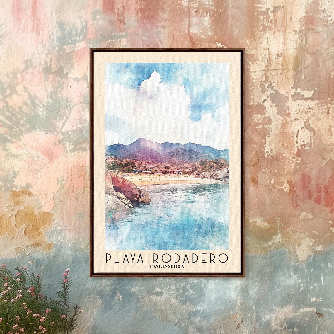 Playa Rodadero Colombia Blue Cove Smooth Boulders Watercolor Travel Poster