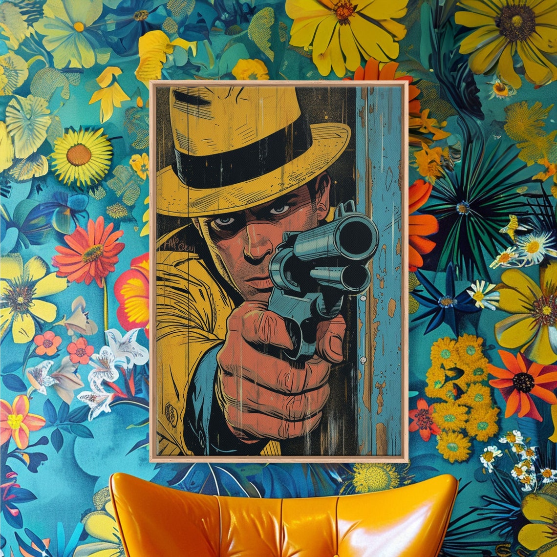 Hardboiled Detective Yellow Fedora Revolver Pulp Noir Comic Wall Art - Image 3