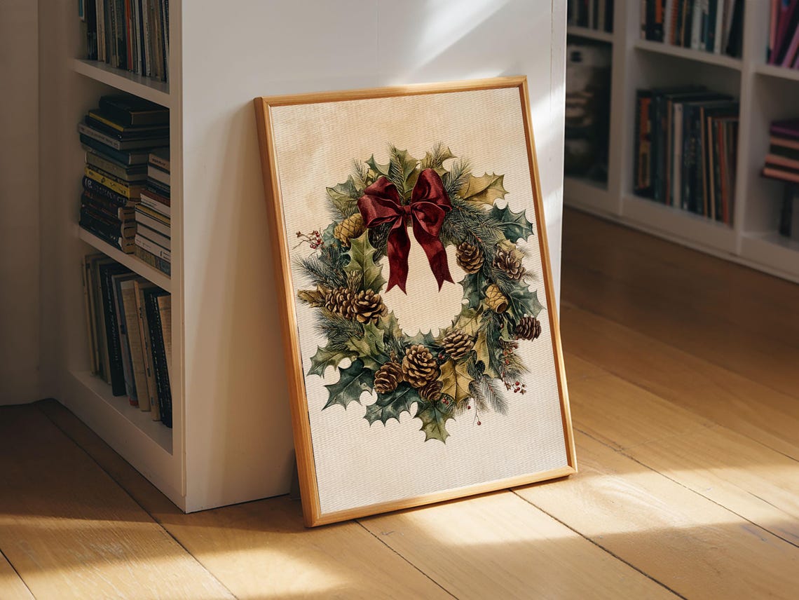 Vintage Christmas Wreath Pinecones Red Bow Classic Holiday Art Poster - Image 6