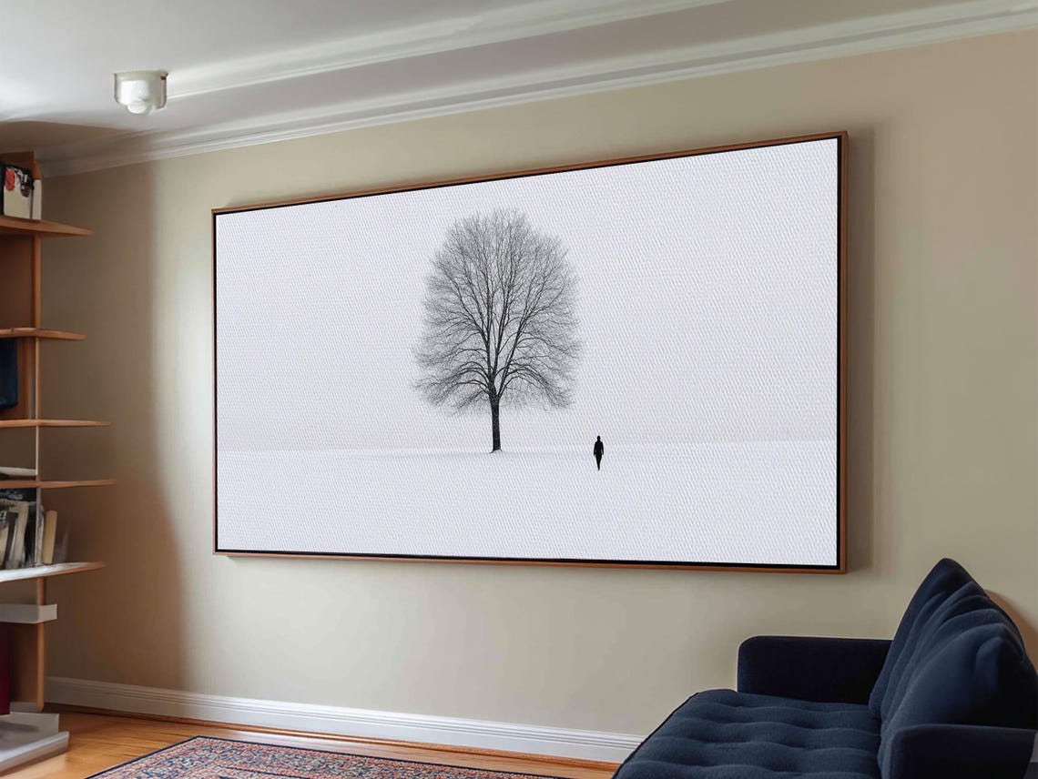 Lone Bare Tree Winter Snowfield Minimalist Serene White Art Poster - Image 3