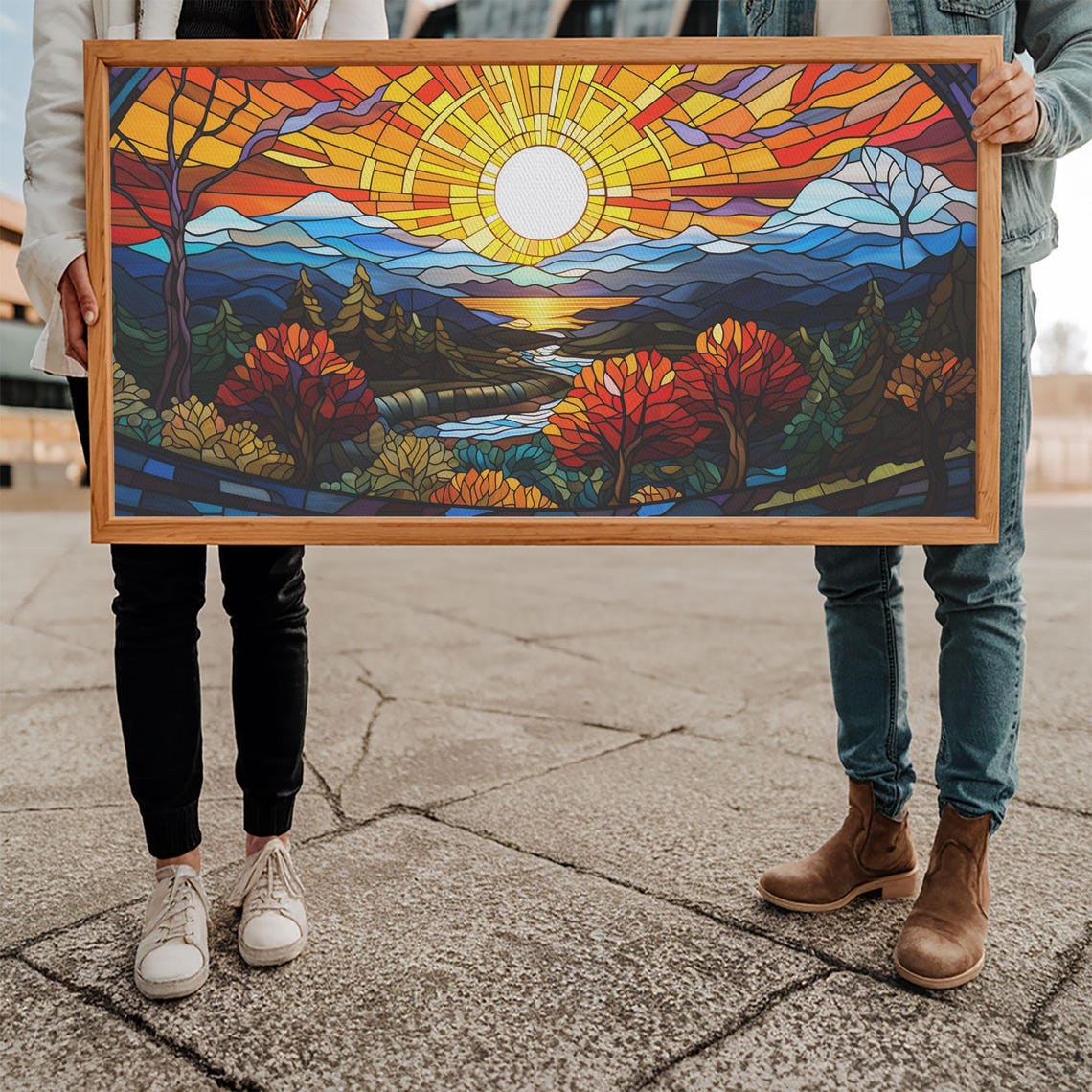 Stained Glass Sunrise Mountain Lake Autumn Forest Landscape Poster - Image 5