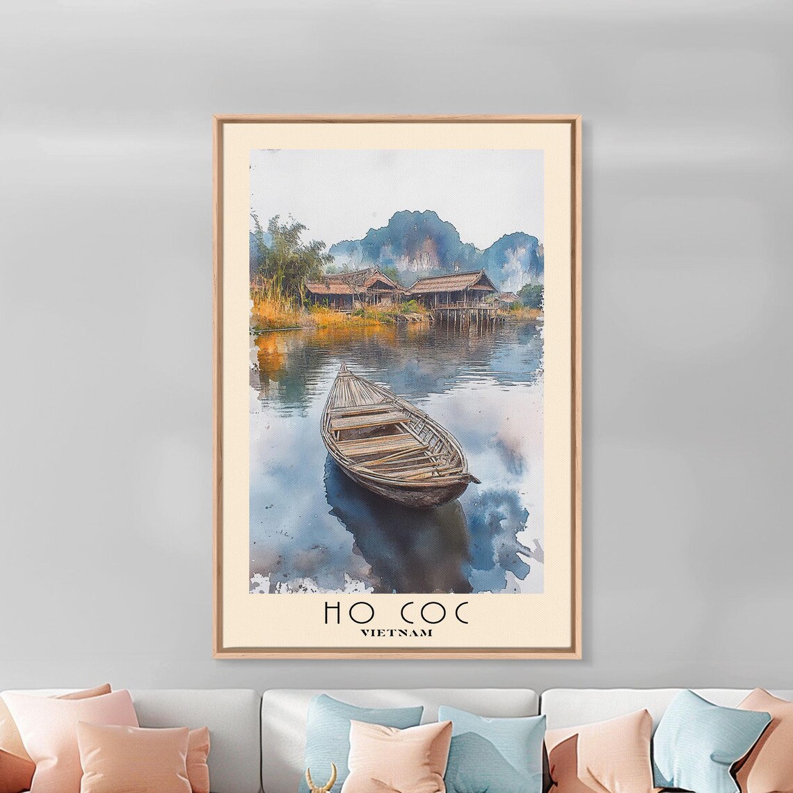 Ho Coc Vietnam Wooden Boat Still Water Stilt Huts Watercolor Poster - Image 3