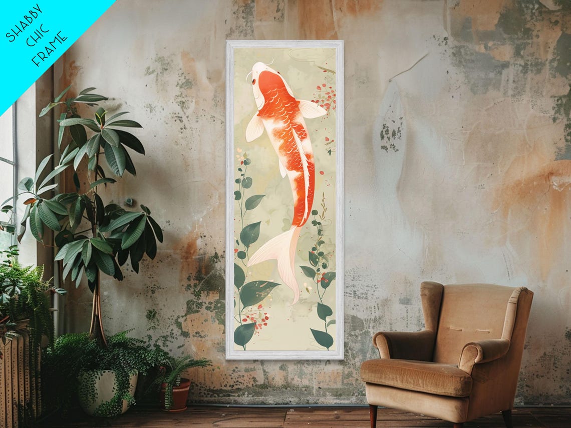 Red White Koi Fish Swimming Among Green Plants Japanese Wall Art - Image 5