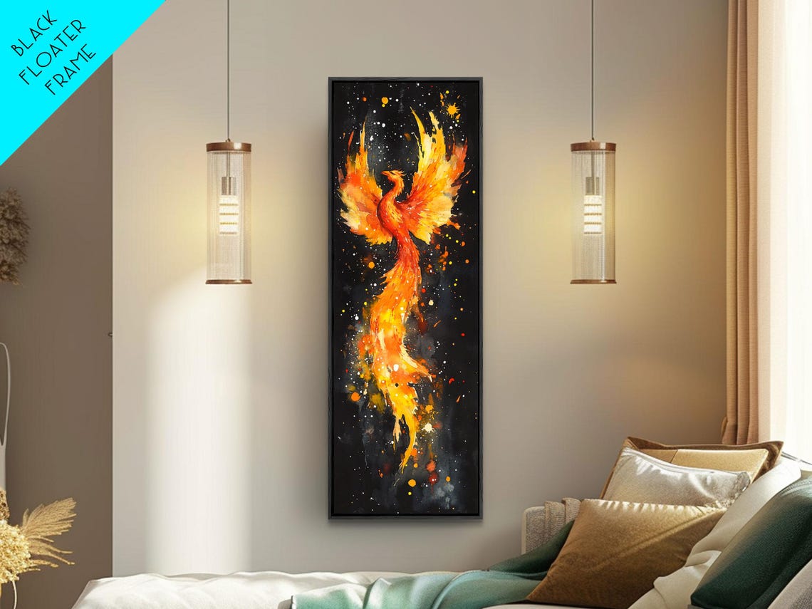 Fiery Phoenix Rising Starry Night Cosmic Bird Vertical Wall Art - Image 2