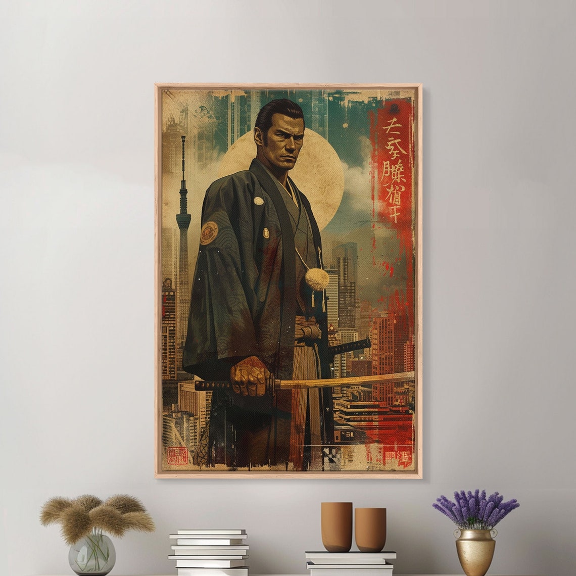Samurai Warrior Tokyo Cityscape Skytree Gold Moon Modern Wall Art - Image 5