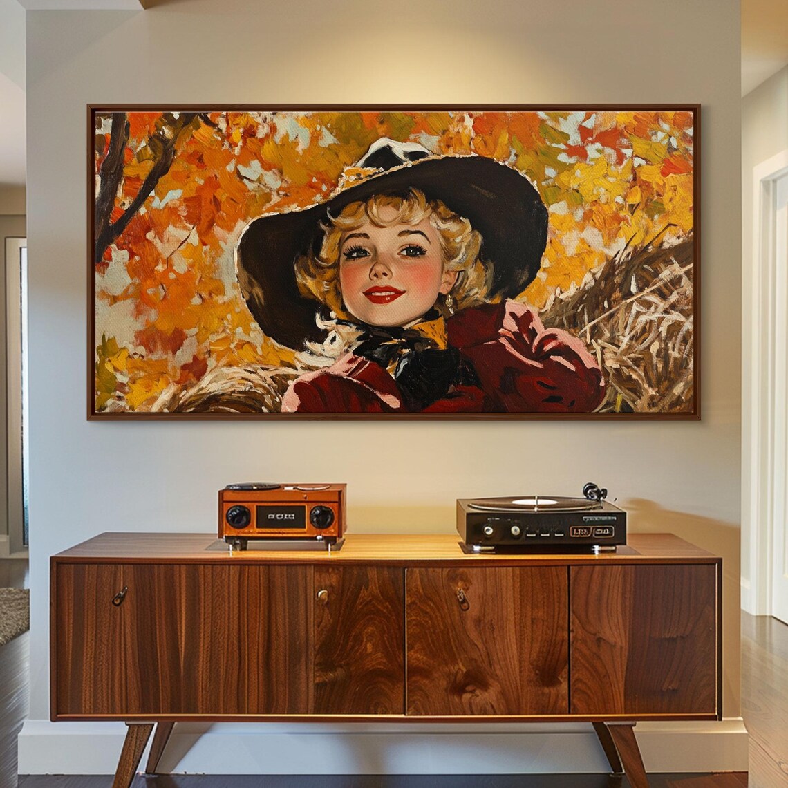 Smiling Retro Cowgirl Among Golden Fall Leaves Vintage Charm Poster - Image 2