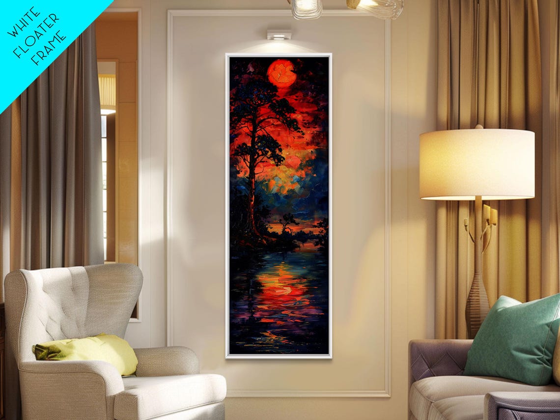 Sunset Over Lake With Lone Pine Tree Impasto Colorful Evening Poster - Image 5