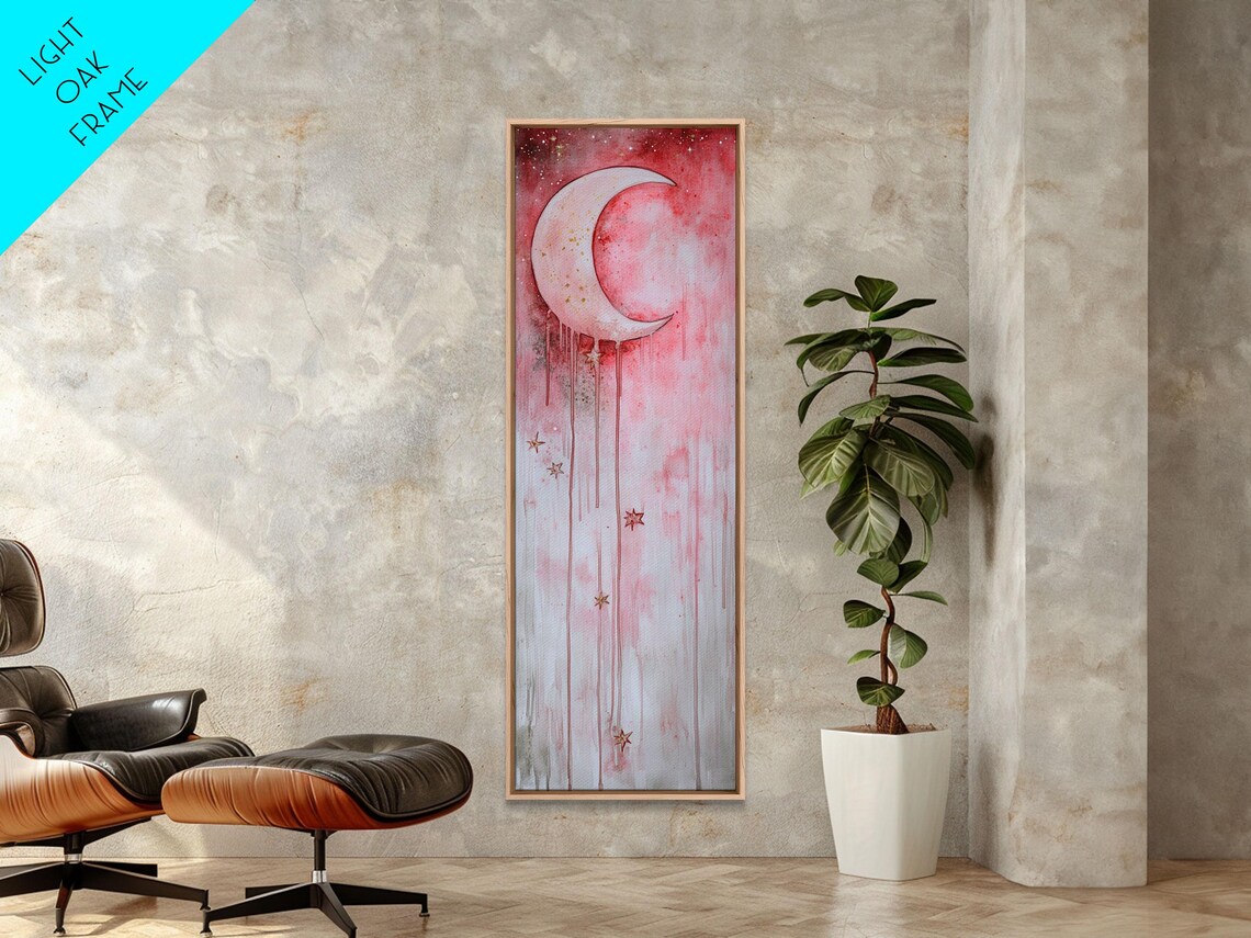 Crescent Moon Over Pink Starry Sky Watercolor Night Celestial Wall Art - Image 4