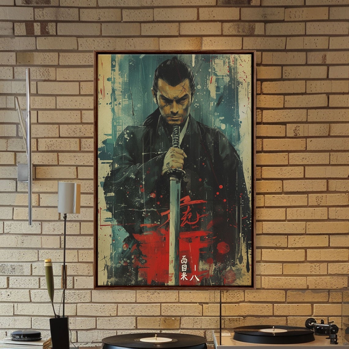 Samurai Warrior Katana Splatter Paint Teal Red Japanese Wall Art