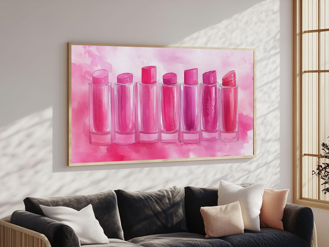 Pink Lipstick Row Watercolor Painting Feminine Glam Makeup Vanity Art Poster - Image 2
