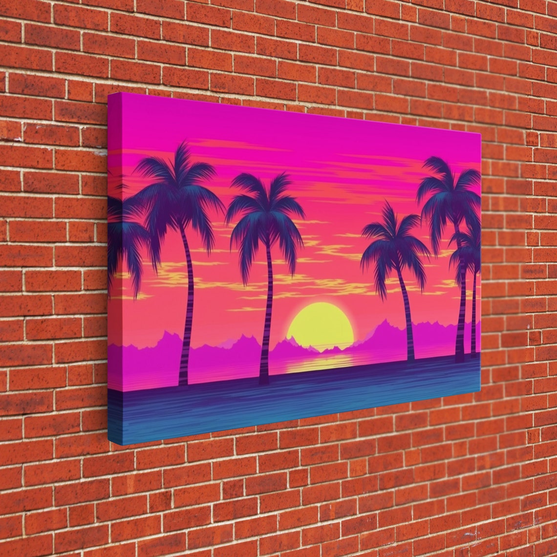 Beach Sunset Wall Art Framed Print Colorful Painting Vibrant Art Synthwave Style Warm Colors Pop Art Style Tropical Art - Image 2