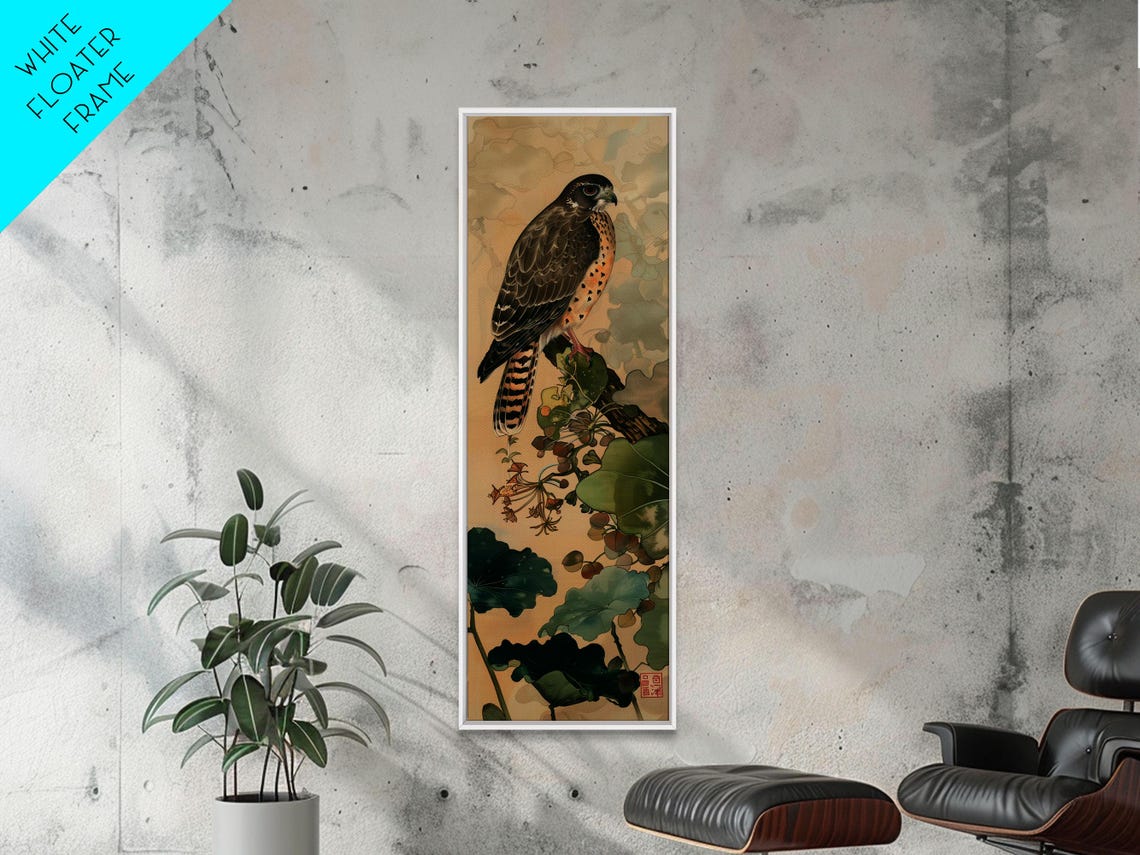 Majestic Hawk Perched Among Green Foliage Vintage Japanese Wall Art - Image 6