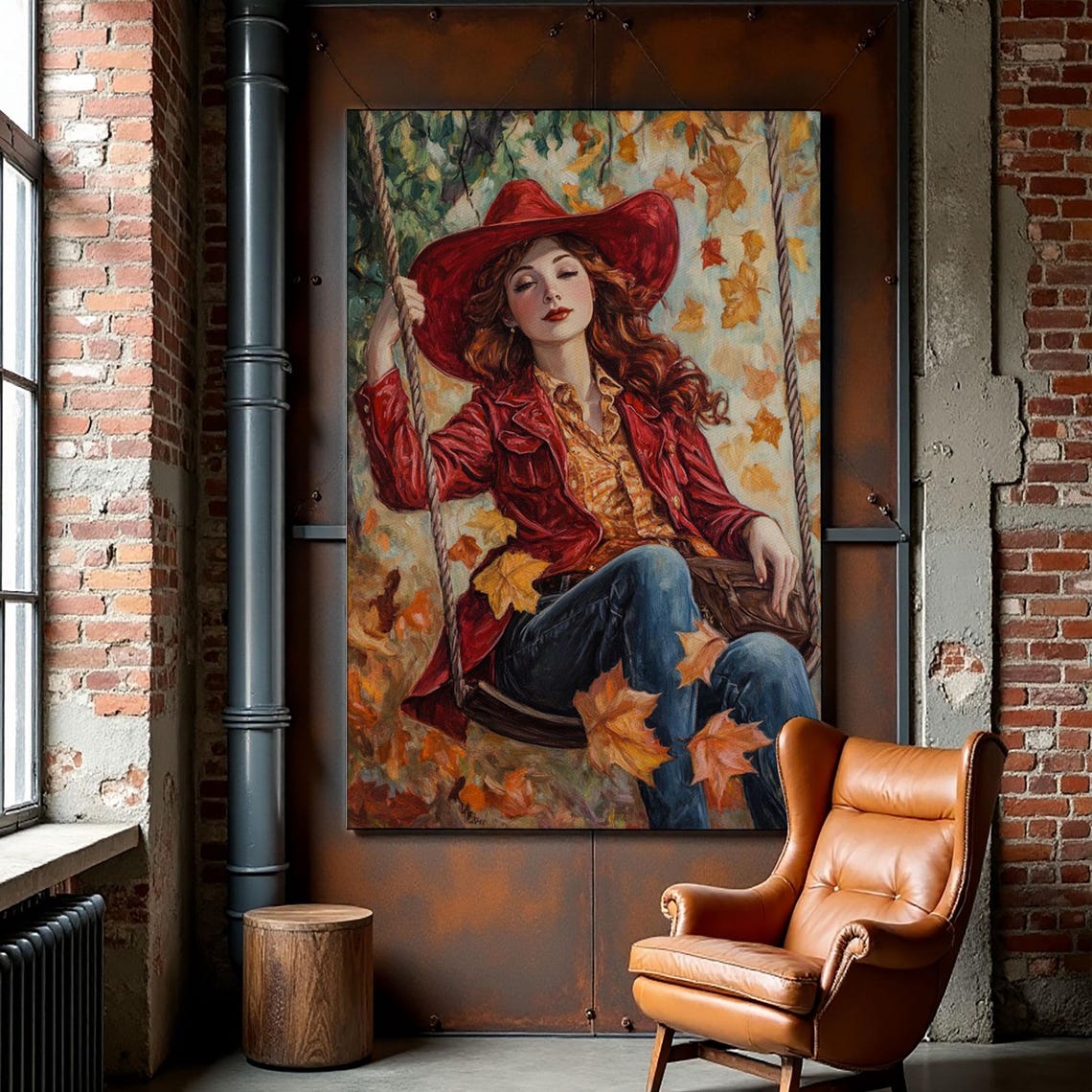 Fall Cowgirl Enjoying Her Swing Framed Print Autumn Decor Cute Wall Art Gift Idea