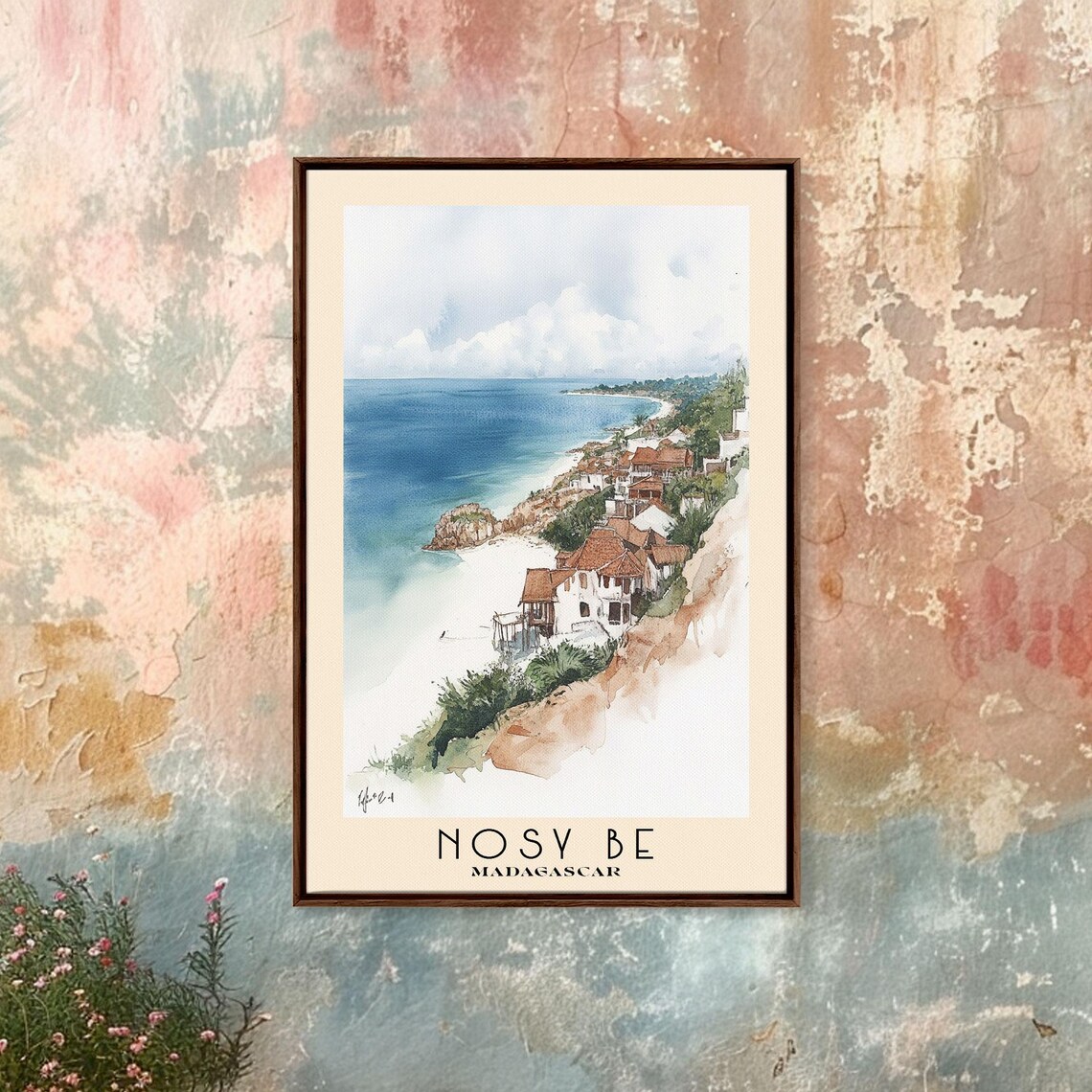 Nosy Be Madagascar Red Roof Coastal Town Cliffside Watercolor Poster