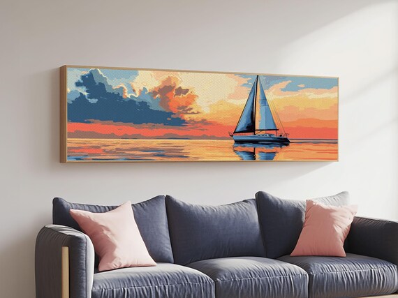 Retro Sailboat Sunset Pop Art Seascape Painting Calm Ocean Golden Sky Poster