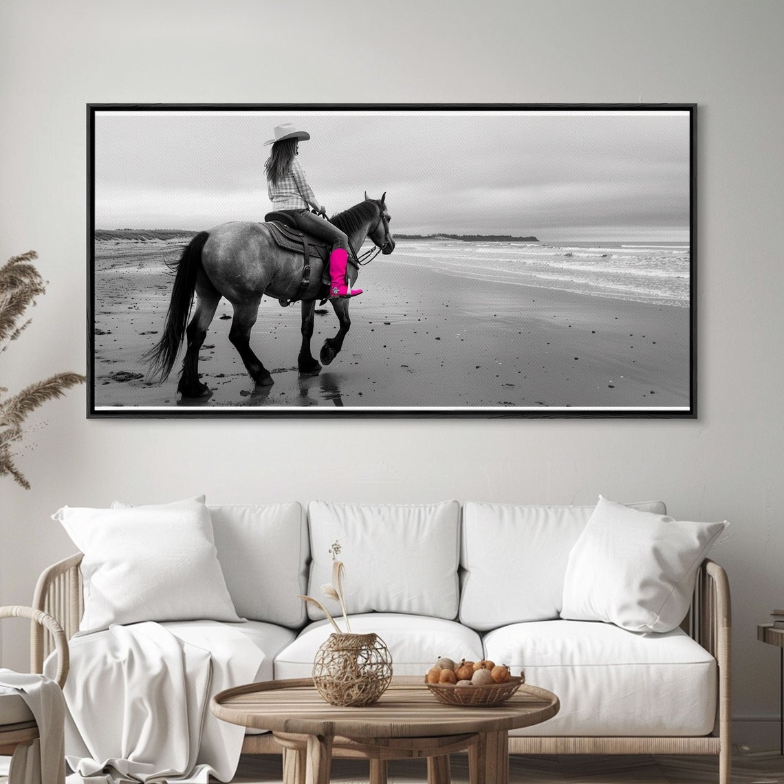 Cowgirl On Horseback At The Beach With Pink Boots Black White Print - Image 5