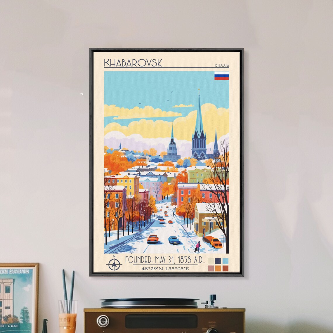 Khabarovsk Russia Snowy Winter Street Cars Autumn Trees Church Poster