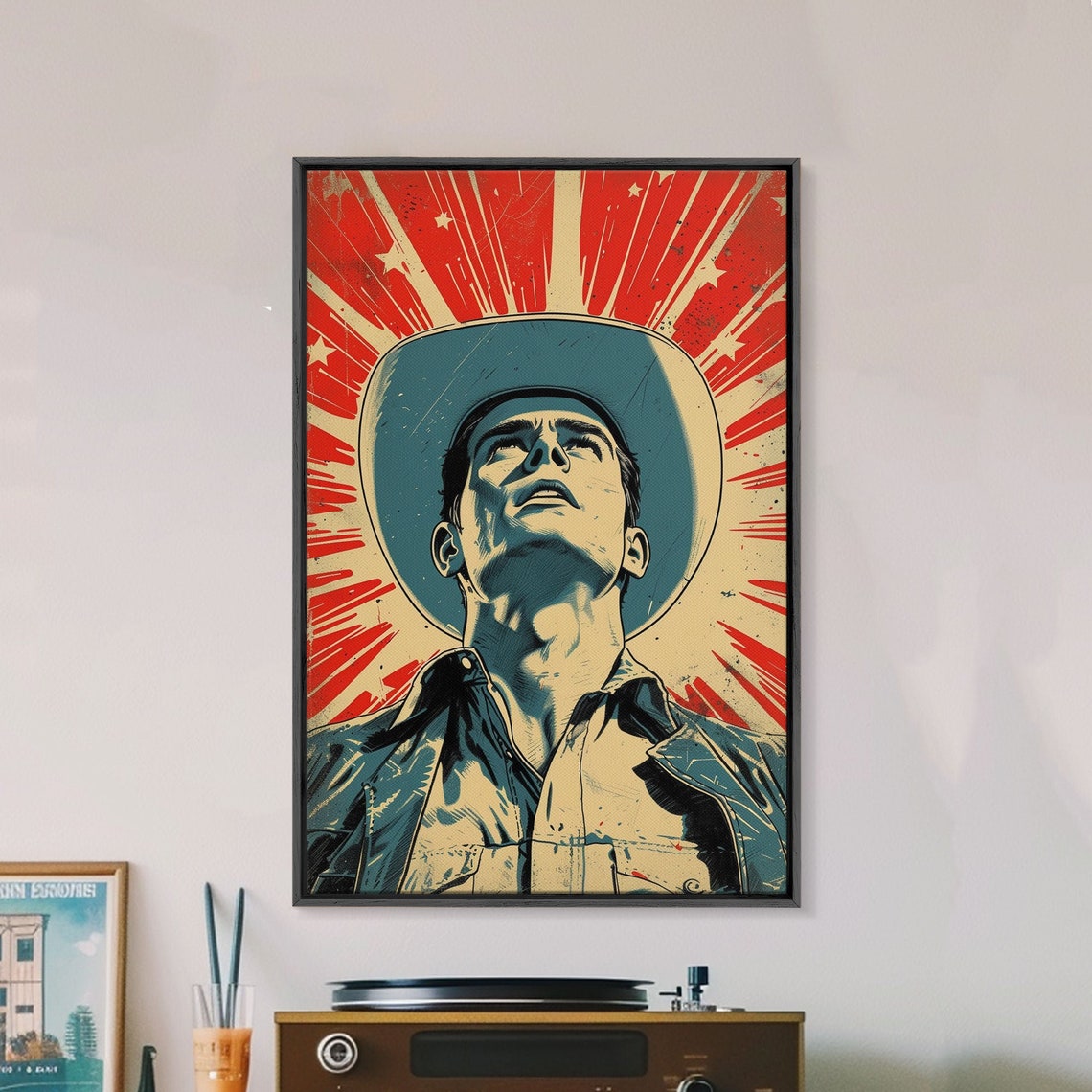 Cowboy Pop Art Poster Man in Hat Looking Up with Red Starburst Rays - Image 5