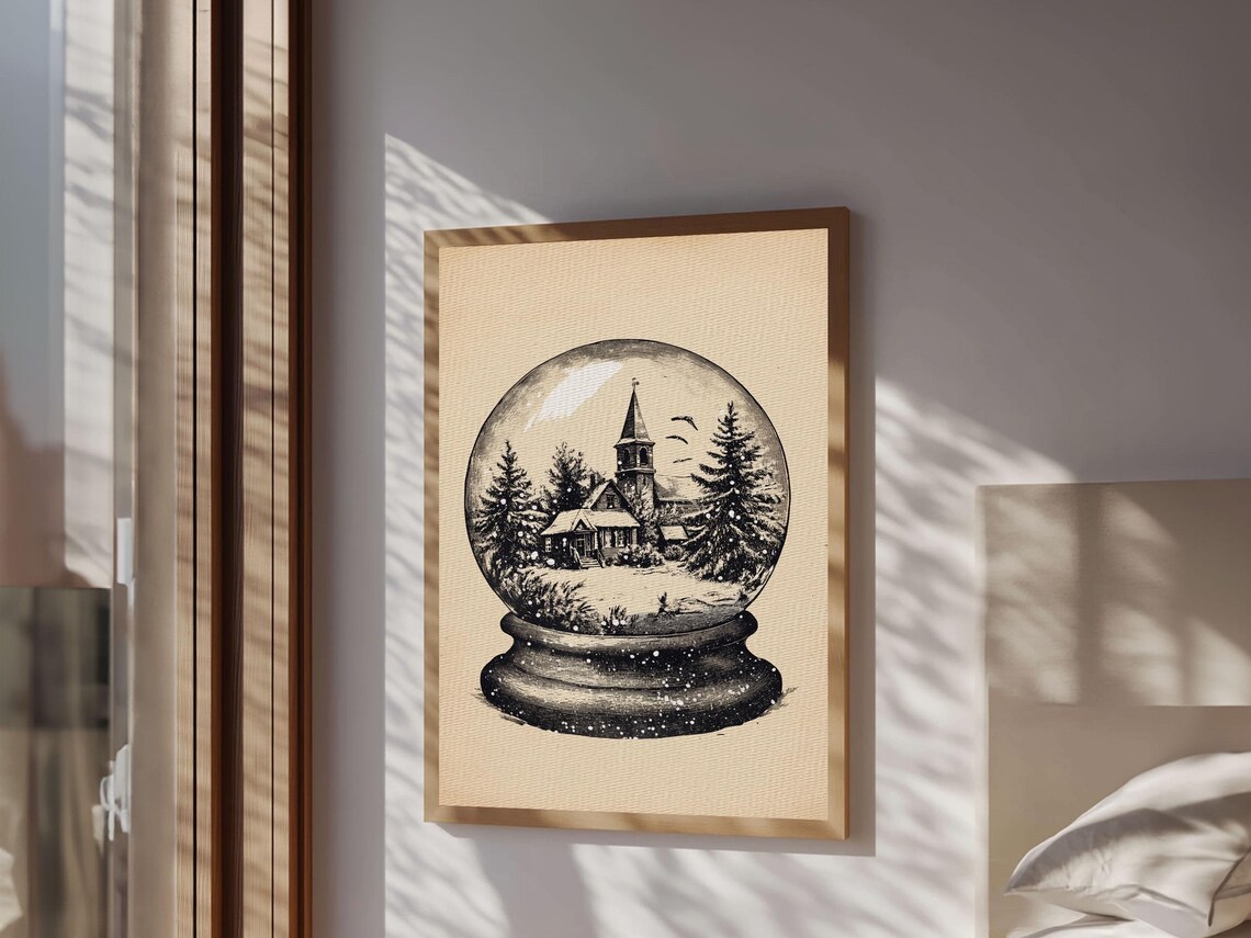 Snow Globe Church Winter Village Vintage Sketch Christmas Poster - Image 5