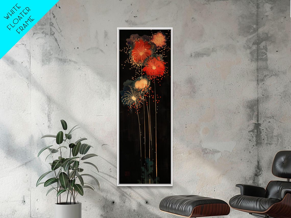 Colorful Fireworks Dark Night Sky Japanese Style Tall Art Poster - Image 6