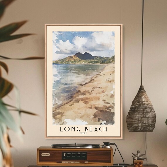 Long Beach Fiji Sandy Shore Calm Sea Mountain View Watercolor Poster