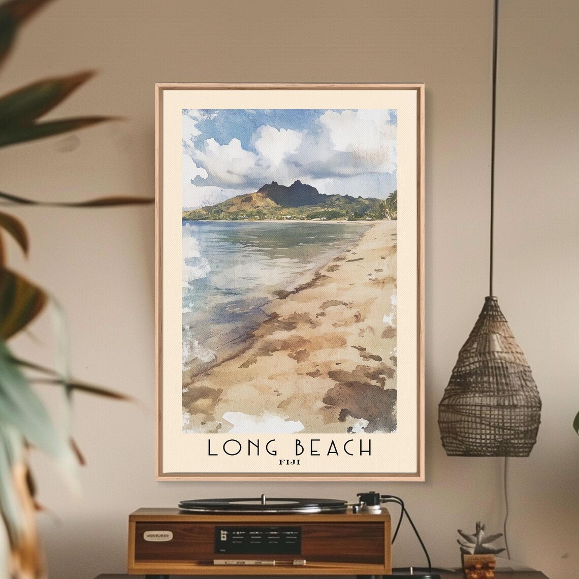 Long Beach Fiji Sandy Shore Calm Sea Mountain View Watercolor Poster