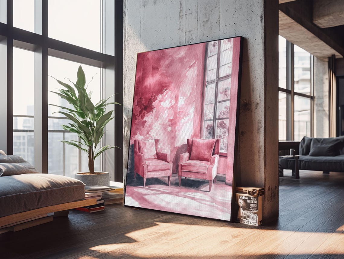 Pink Armchairs By Window Cozy Watercolor Interior Reading Nook Art - Image 6