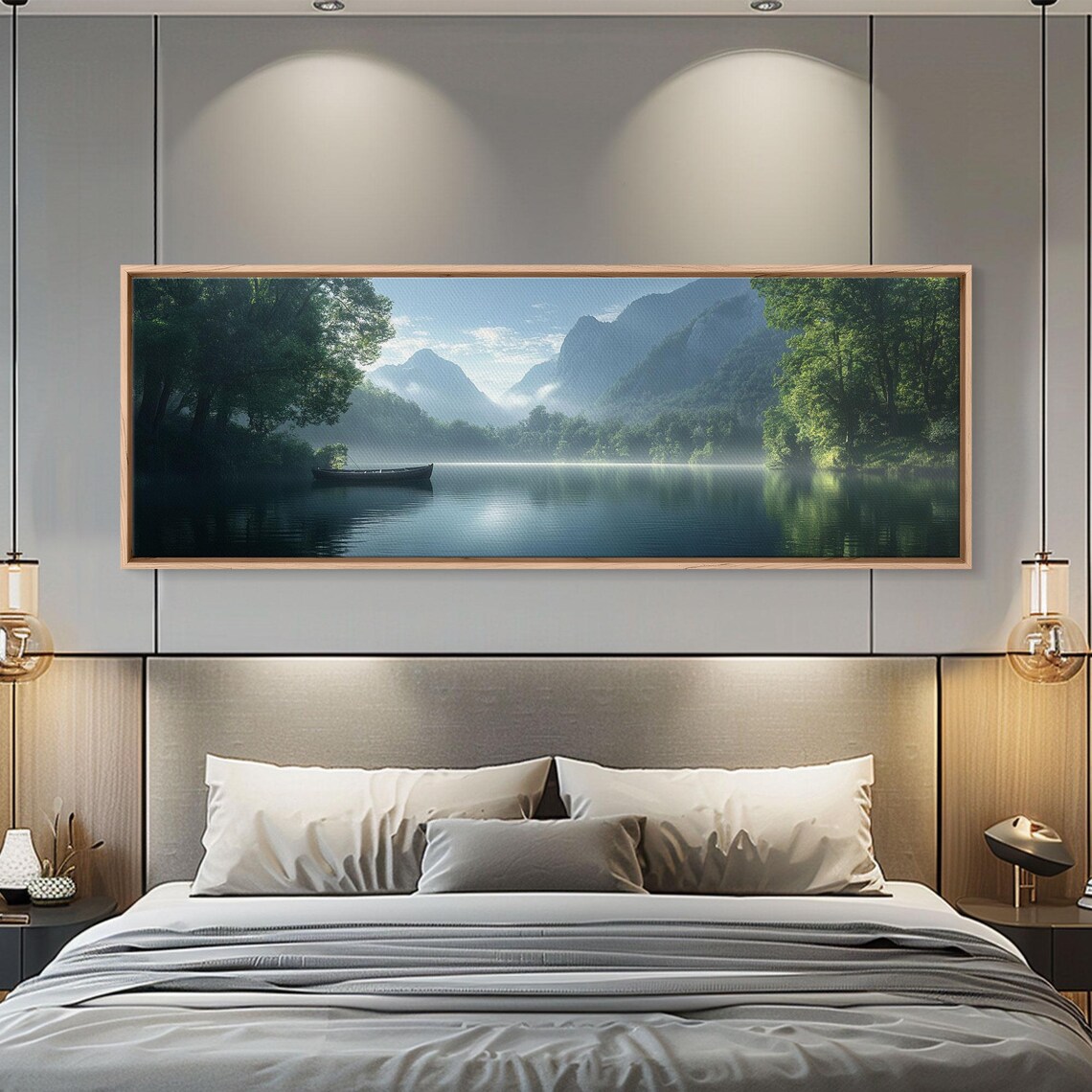 Canoe On Misty Lake Mountain Morning Fog Pines Panoramic Travel Poster - Image 2