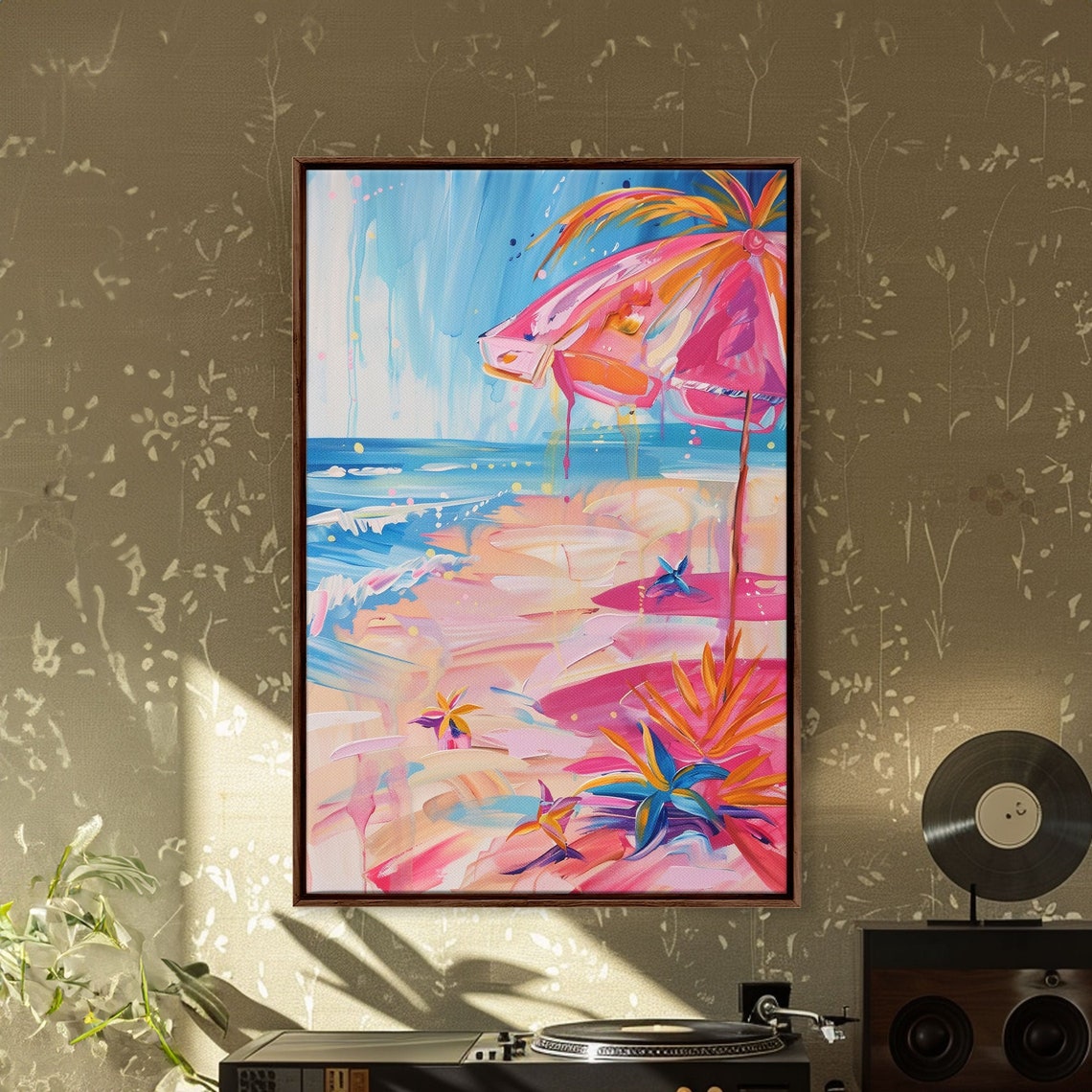 Tropical Beach Pink Umbrella Palm Ocean Coastal Summer Art Poster - Image 3