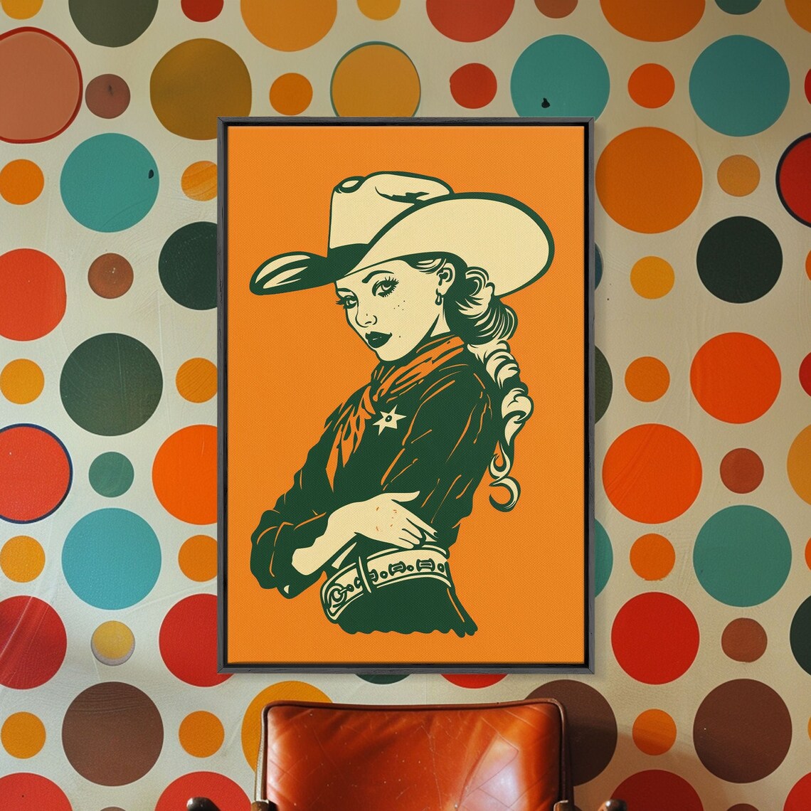 Retro Cowgirl With Hat Vintage Orange Pop Art Western Wall Art - Image 3