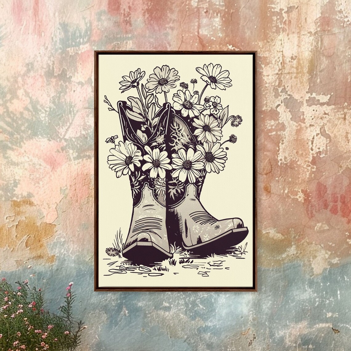 Cowboy Boots With Daisies Vintage Line Art Floral Western Wall Poster - Image 2