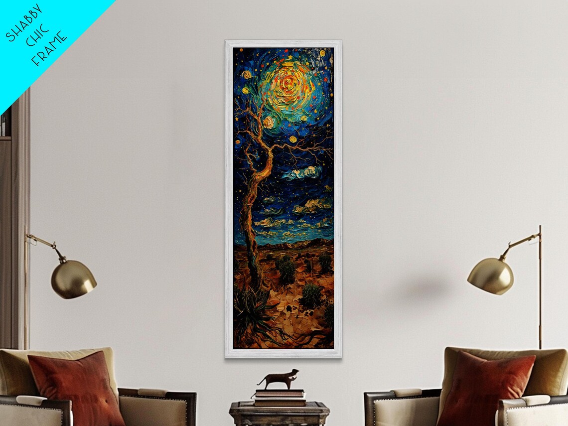 Vibrant Night Sky Desert Tree Whimsical Boho Starry Landscape Framed Print Tall Art Japanese Style Art - Image 2