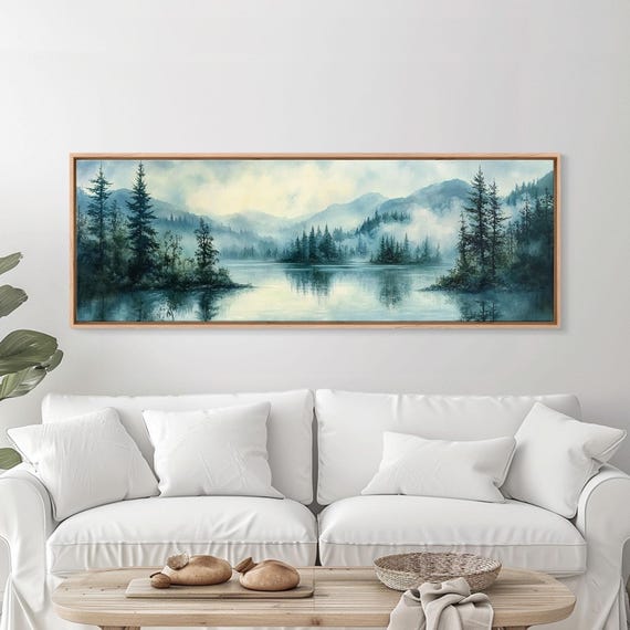 Fog Over The Lake Panoramic Painting Print Rustic Decor Panoramic Ultra Wide Wall Art For Above Bed Or Sofa Moody Decor