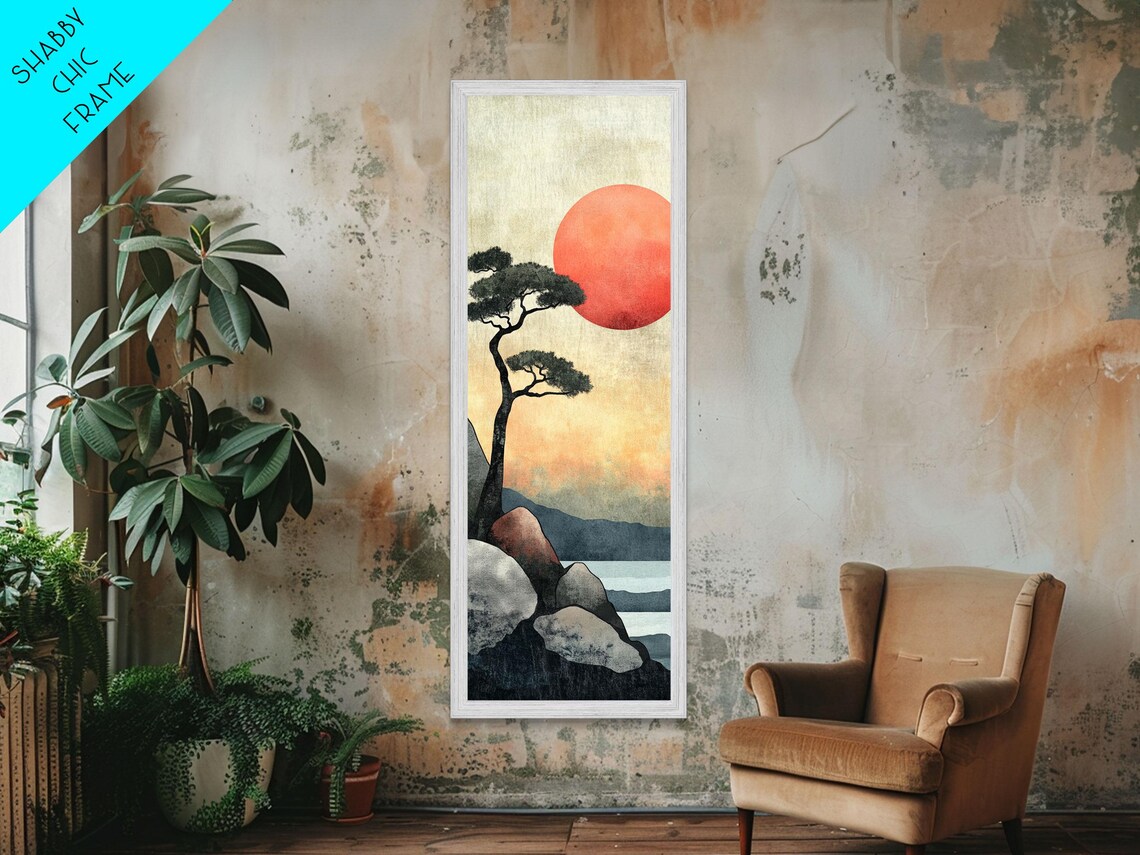 Japanese Red Sun Sunset Pine Tree Rocky Coast Watercolor Poster - Image 5