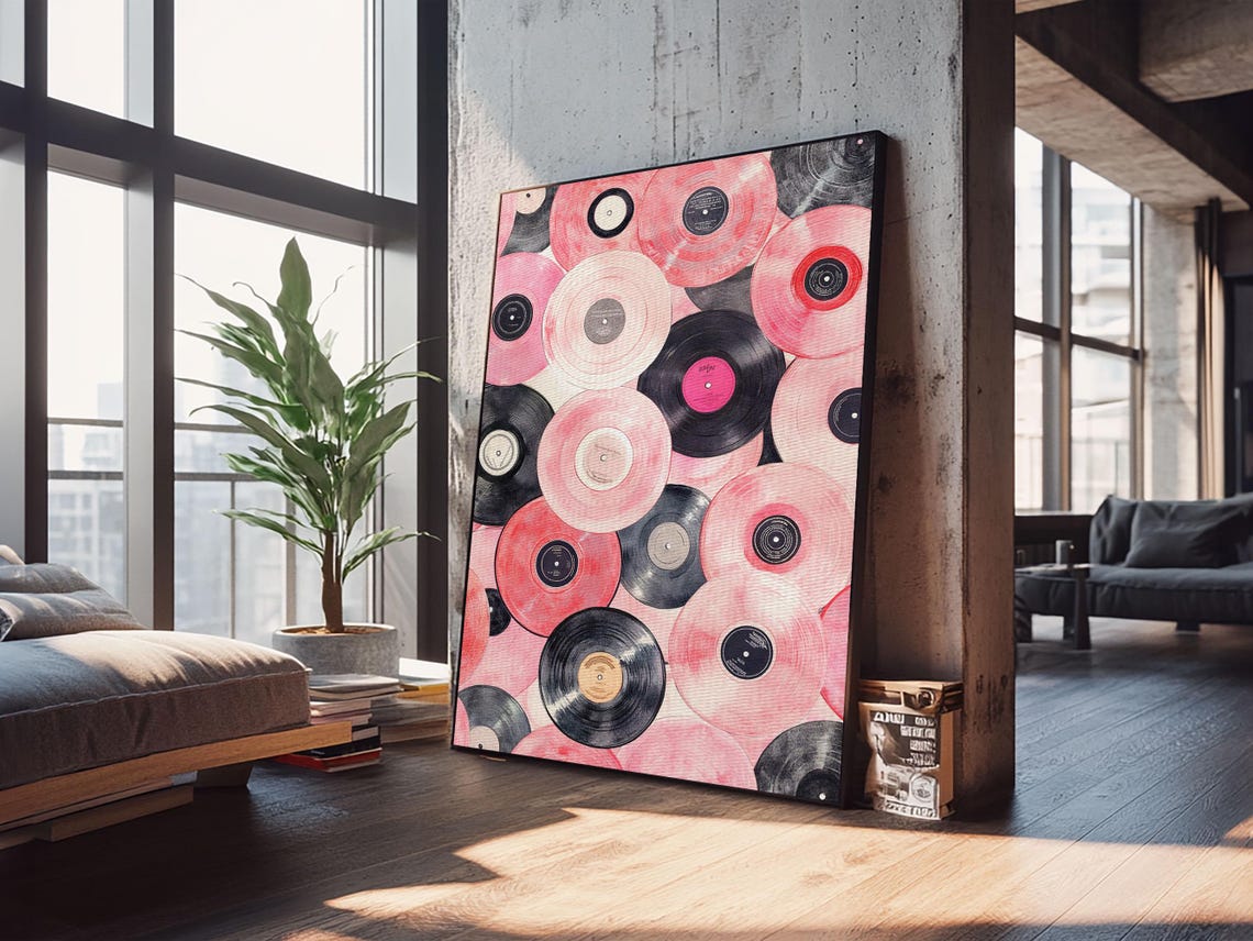 Pink And Black Vinyl Records Pattern Retro Music Wall Art Print - Image 6