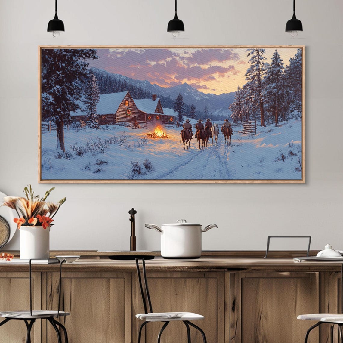 Cowboys Riding Home Snowy Cabin Sunset Campfire Western Wall Art - Image 6